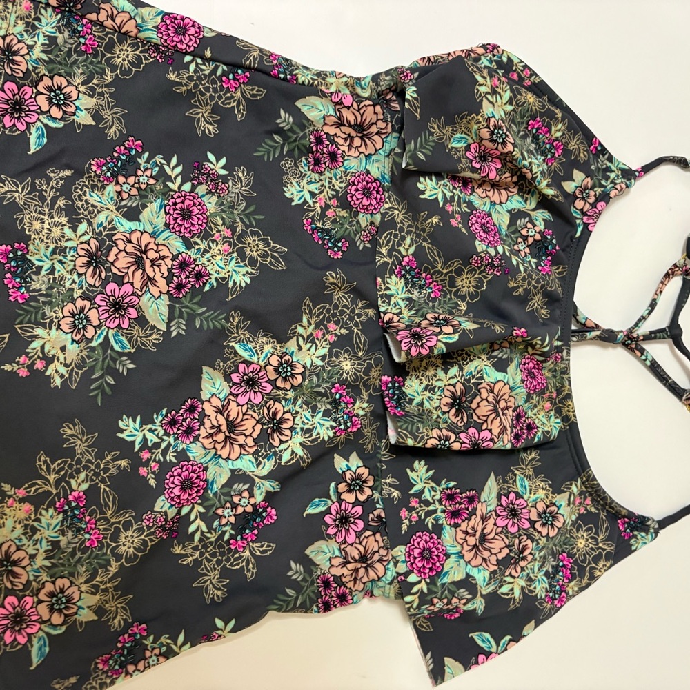 Floral Cold-Shoulder Women’s Top in Black with Pink Accents